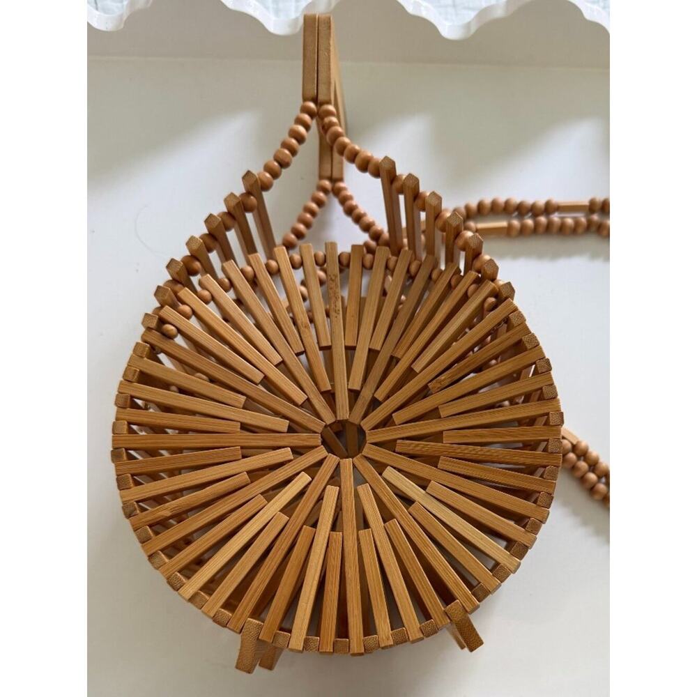 Cult Gaia Style Mini Circle Bamboo Handbag w/ Detachable Wood Bead Strap